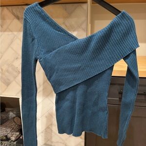Lovers + Friends Teal Ribbed Asymmetric Off-Shoulder Sweater